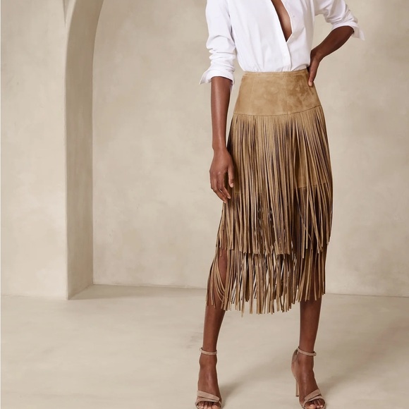 Banana Republic Dresses & Skirts - Banana Republic Tan Suede Fringe Midi Skirt
